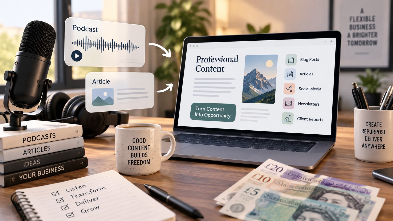 Workflow diagram showing a podcast recording transformed into a transcript, episode notes, an article and a summary